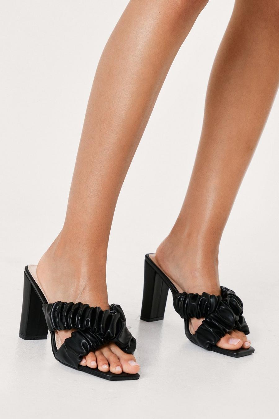 Faux Leather Ruched Crossover Heeled Mules