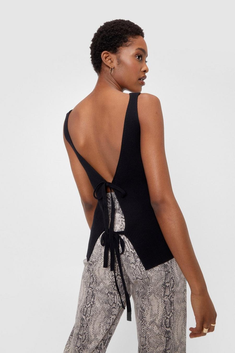 Knitted V Neck Open Back Tie Top