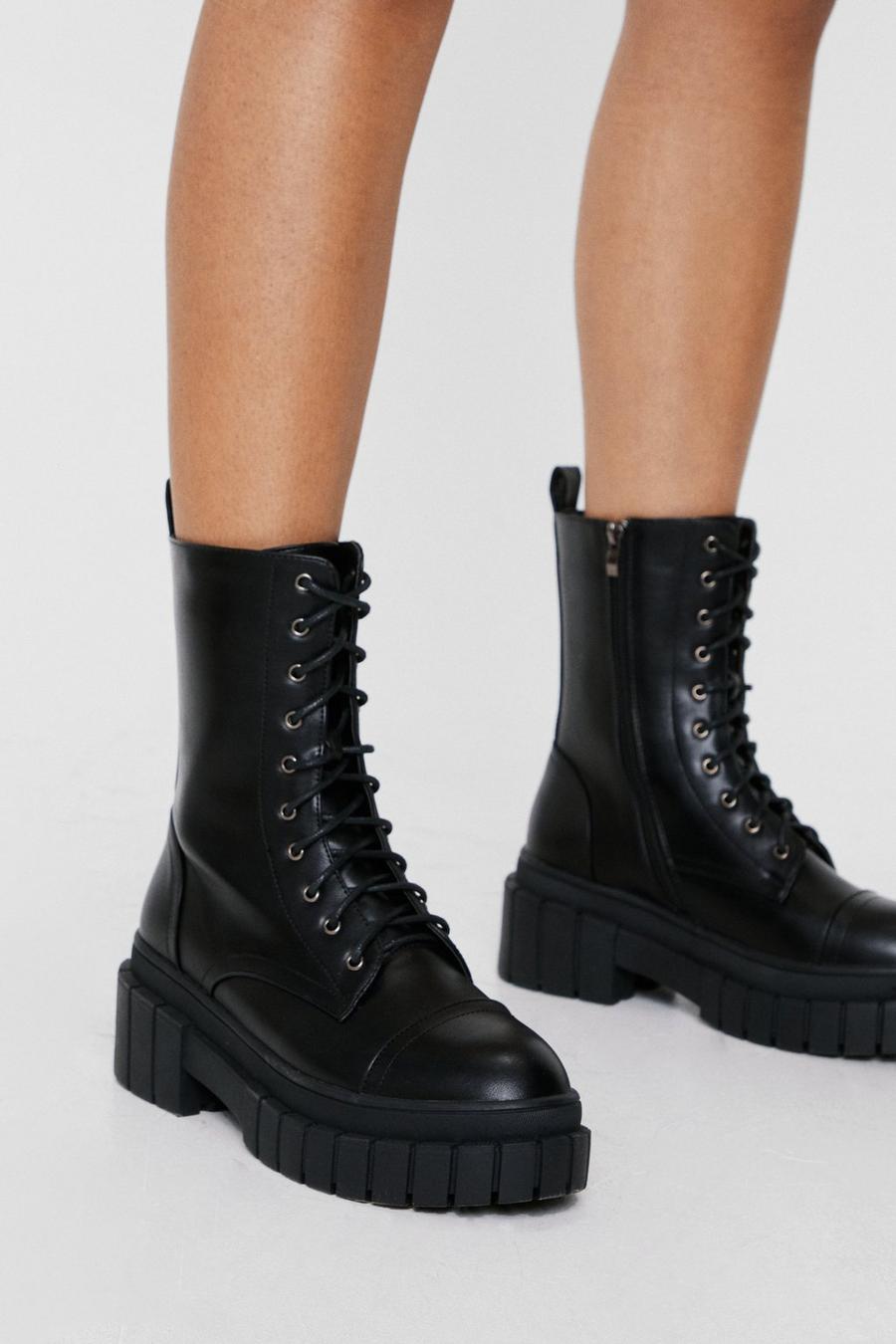 Faux Leather Lace Up Wellie Biker Boots
