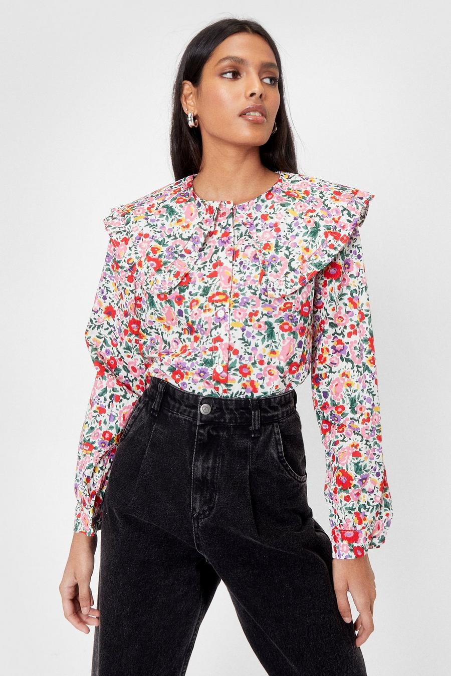 Floral Oversized Collar Button Up Blouse