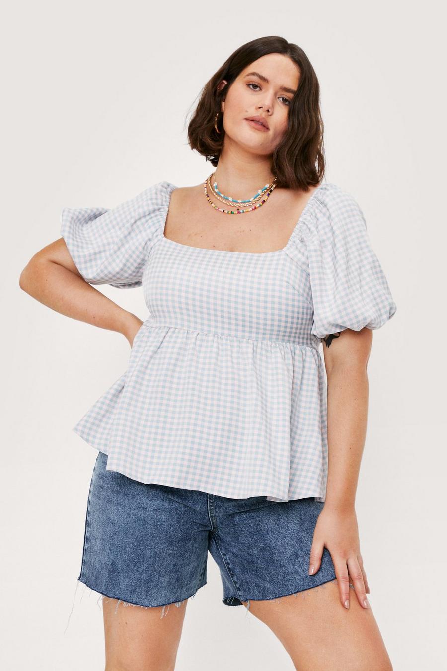 Plus Size Gingham Print Puff Sleeve Top
