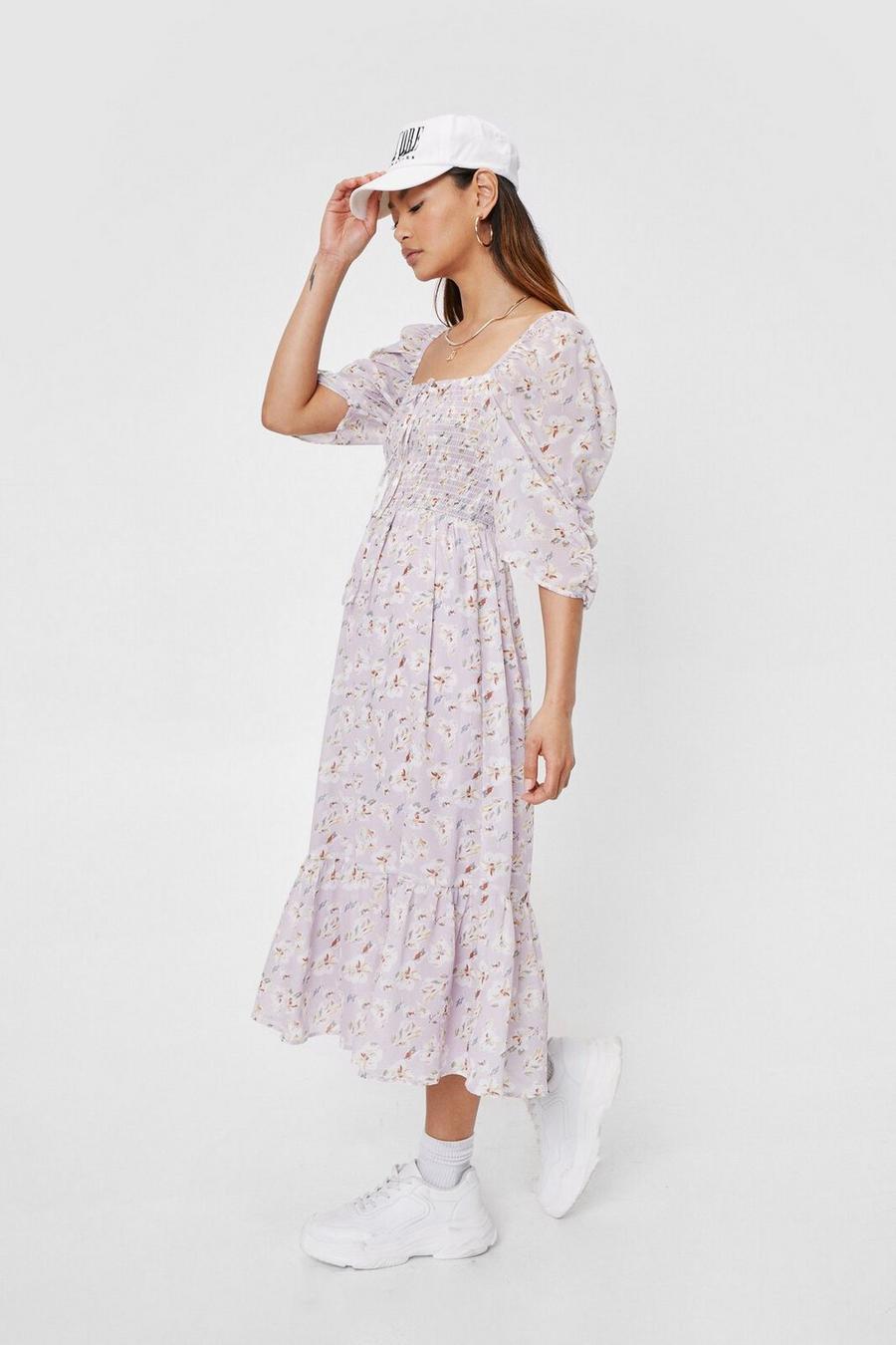 Petite Floral Print Shirred Midi Dress