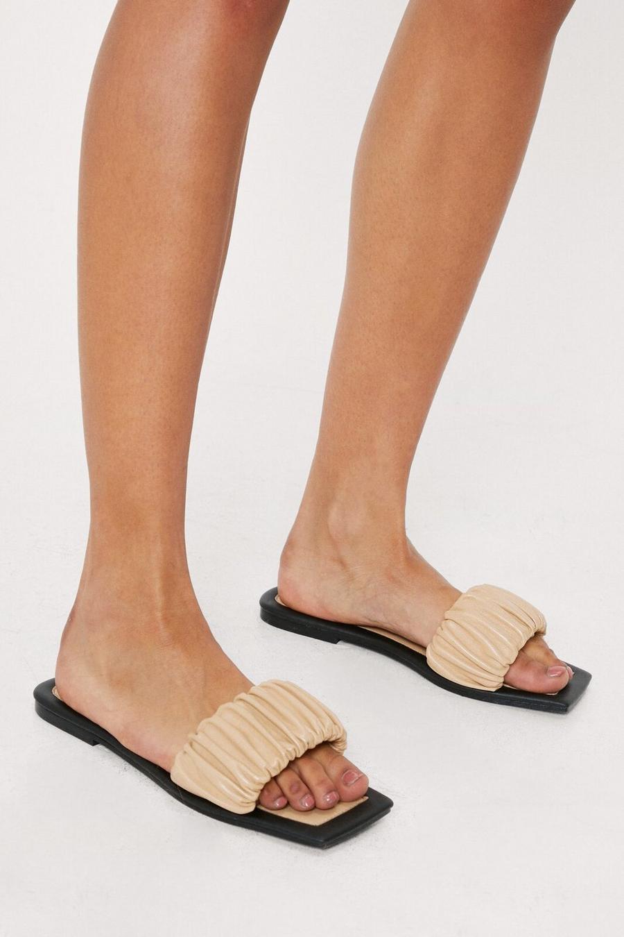 Leather Square Toe Ruched Strap Flat Sandals