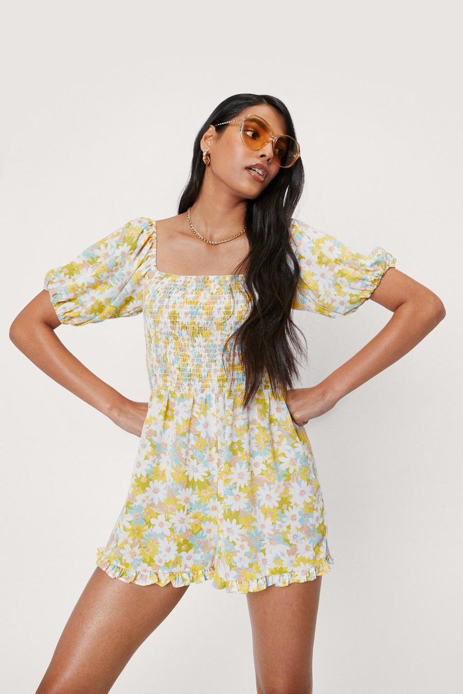Floral Print Shirred Detail Puff Sleeve Playsuit