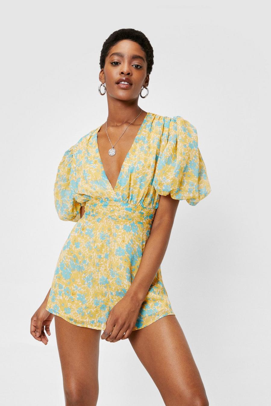 Floral Chiffon V Neck Puff Sleeve Playsuit