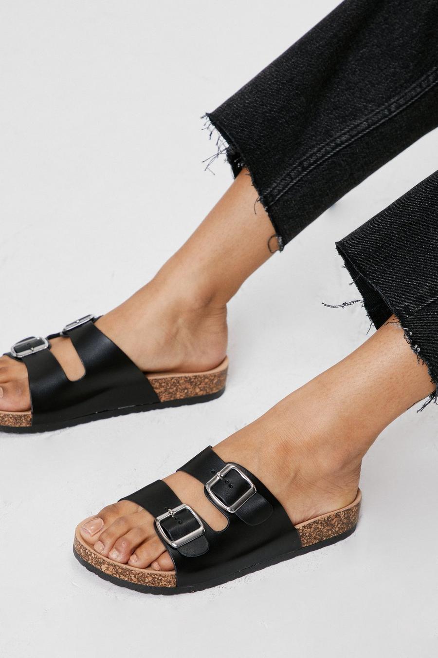 Faux Leather Double Buckle Foot Bed Sandals