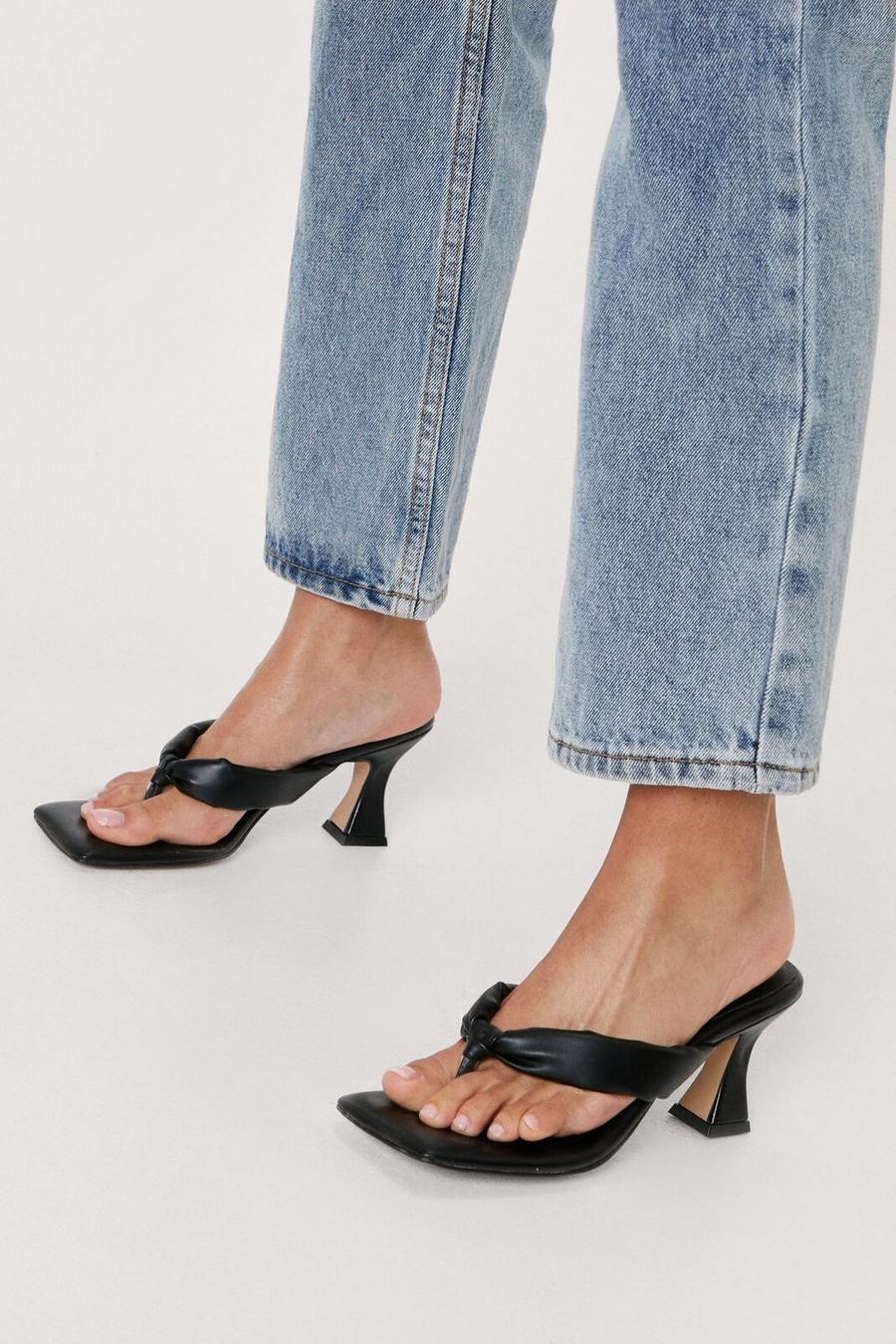 Faux Leather Toe Thong Heeled Mules