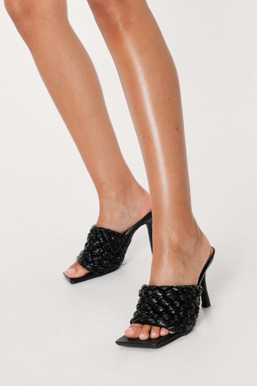 Faux Leather Woven Open Toe Heeled Mules
