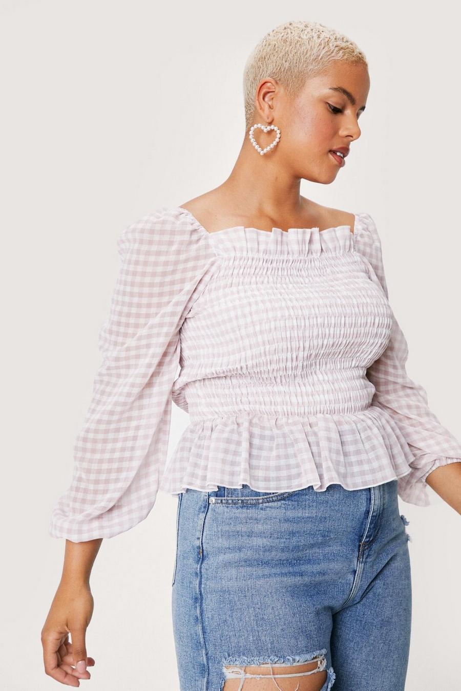 Plus Size Gingham Shirred Smock Top