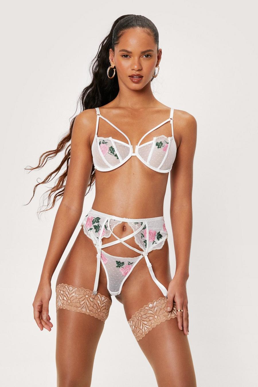 Floral Embroidered Strappy 3-Pc Lingerie Set