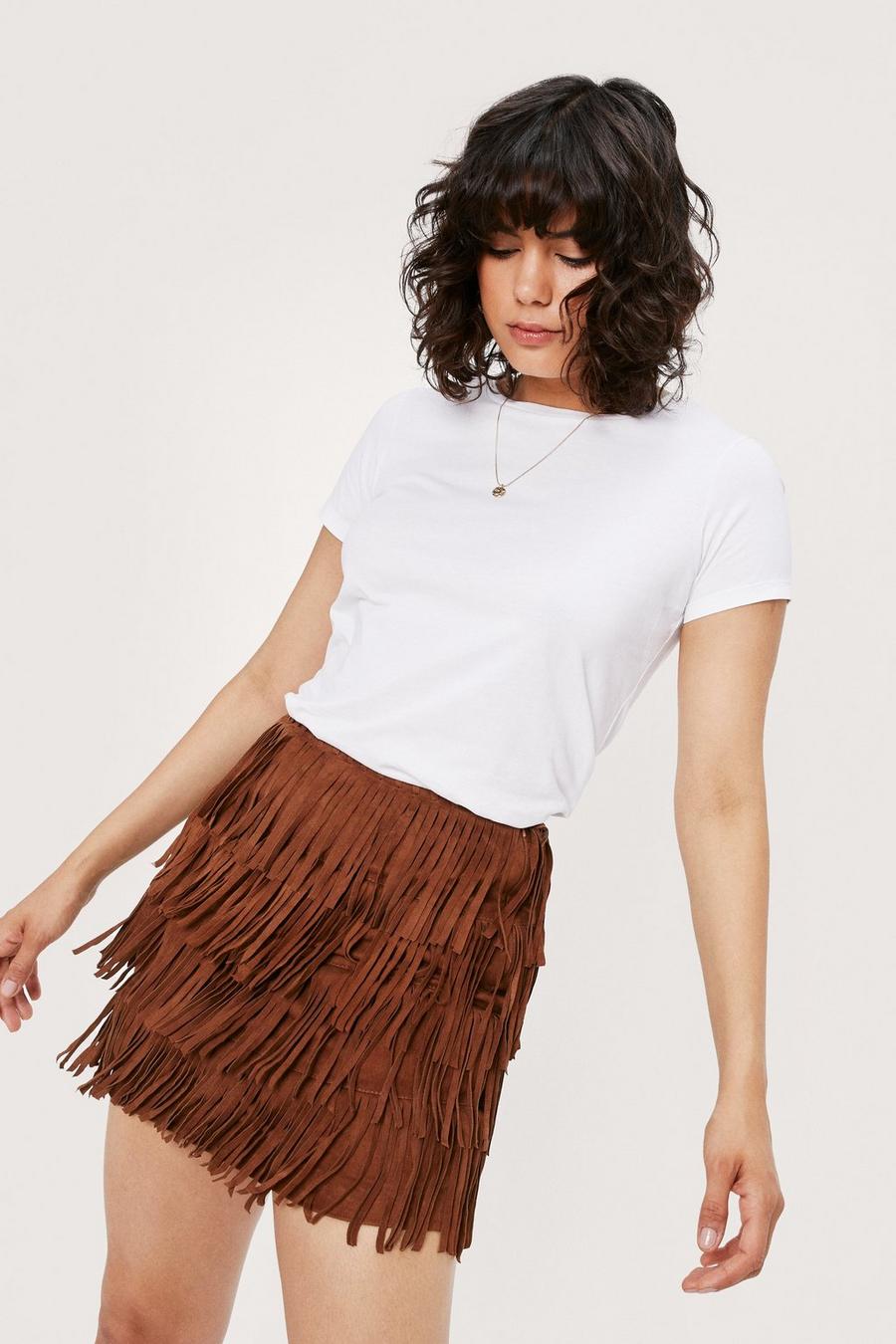 Suede Tiered Fringed Mini Skirt