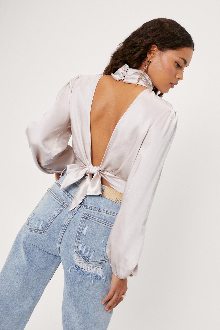 Petite Tie Open Back Satin Cropped Blouse