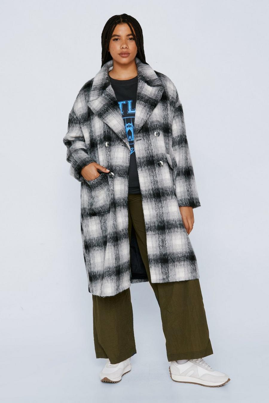 Plus Size Check Double Breasted Wool Look Coat