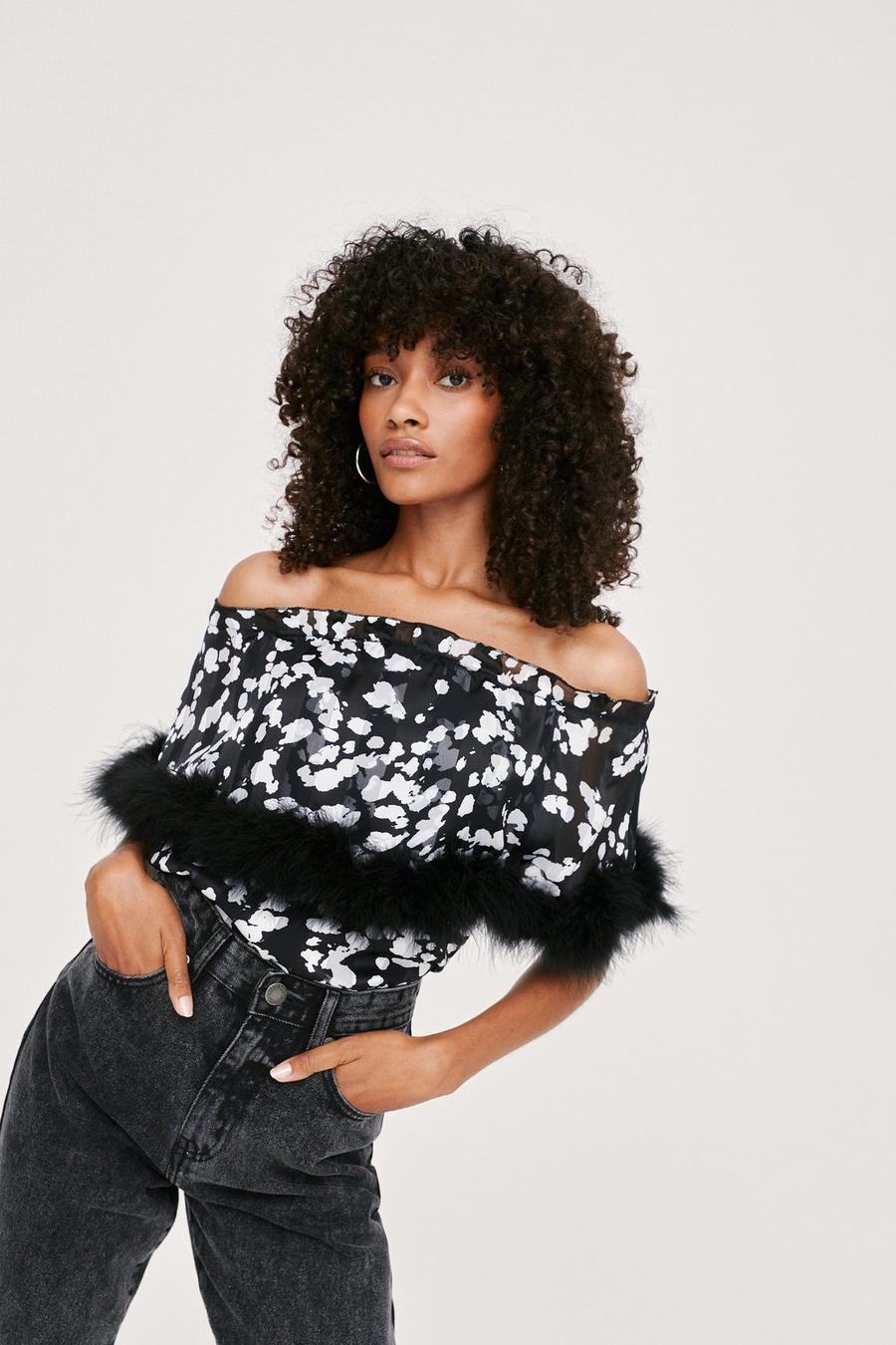 Abstract Spot Feather Trim Off the Shoulder Top 
