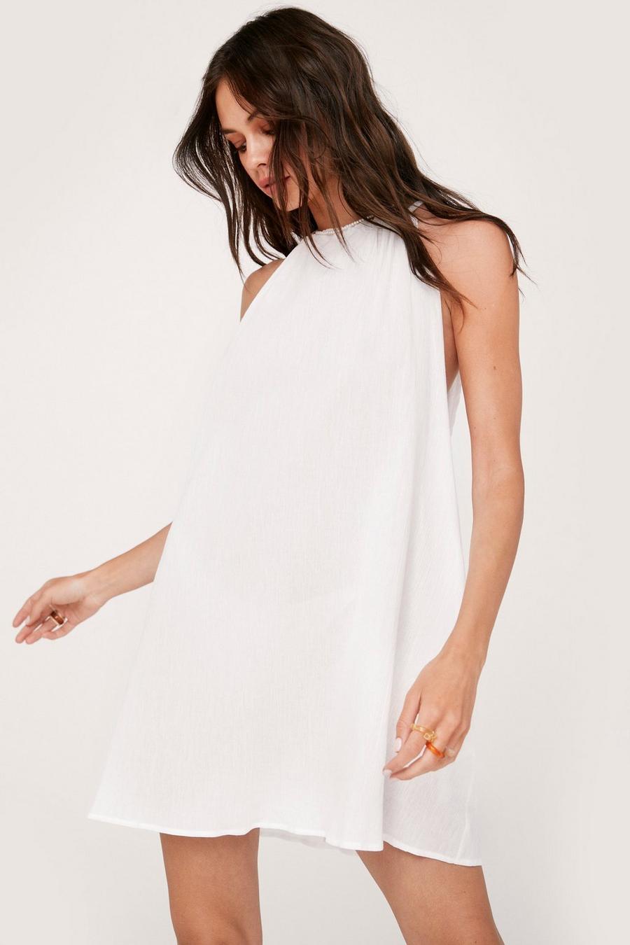 Crinkle Ruched Halter Mini Beach Cover Up Dress