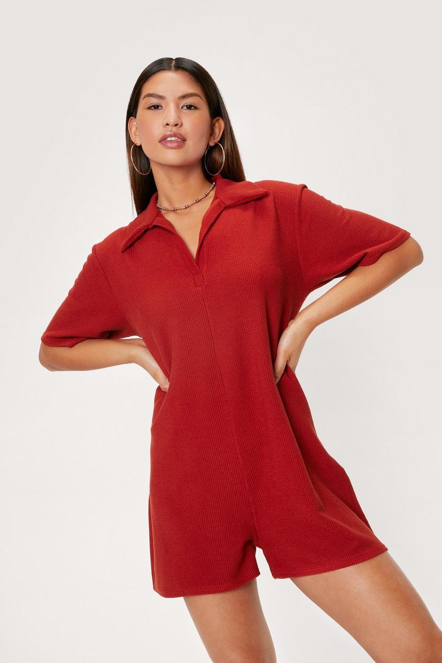Collar Detail Ribbed Slouchy Romper