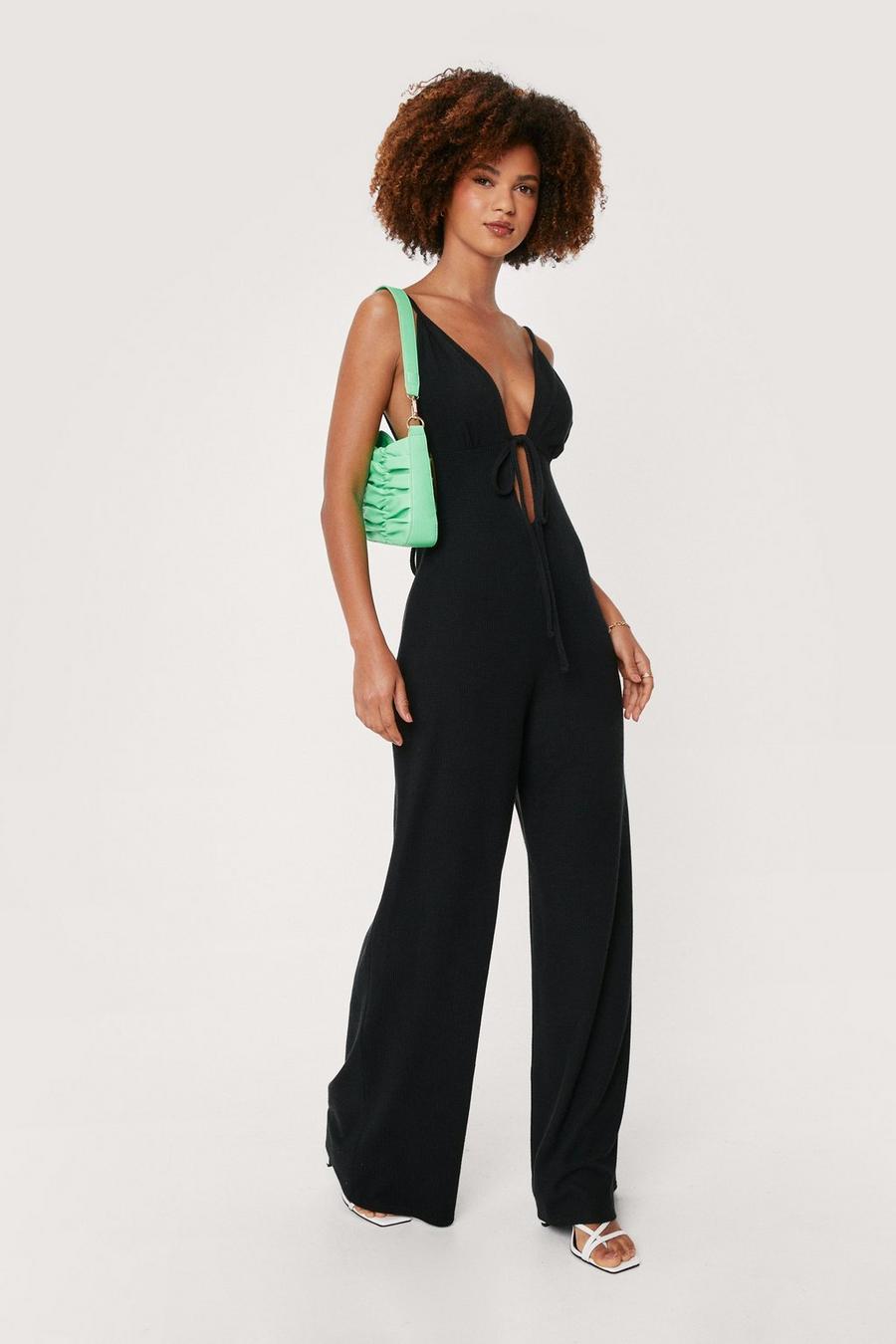Ribbed Cut Out Strappy V Neck Jumpsuit