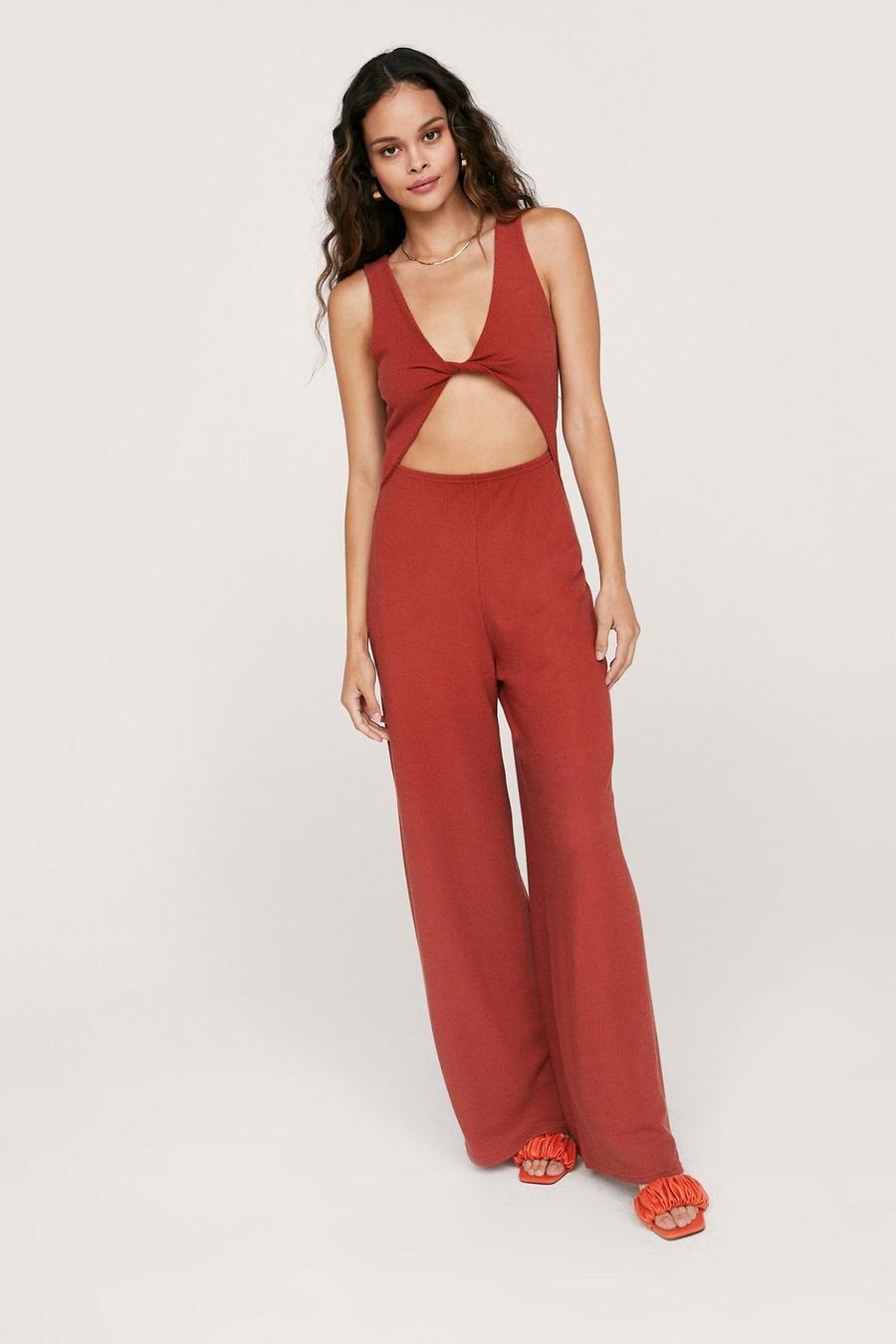 Ripple Rib Knot Front Cut Out Jumpsuit