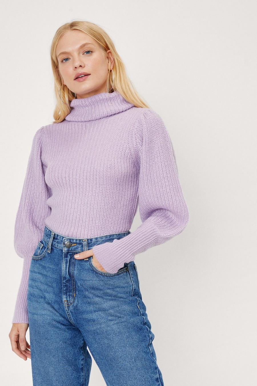 Roll Neck Puff Sleeve Soft Knit Sweater