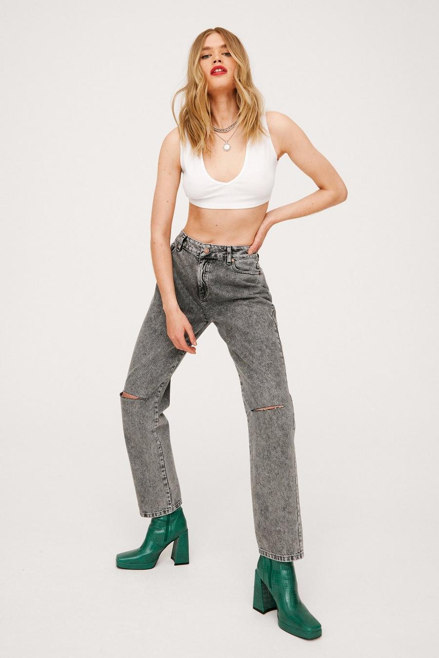Ripped Knee Cropped Straight Leg Jeans