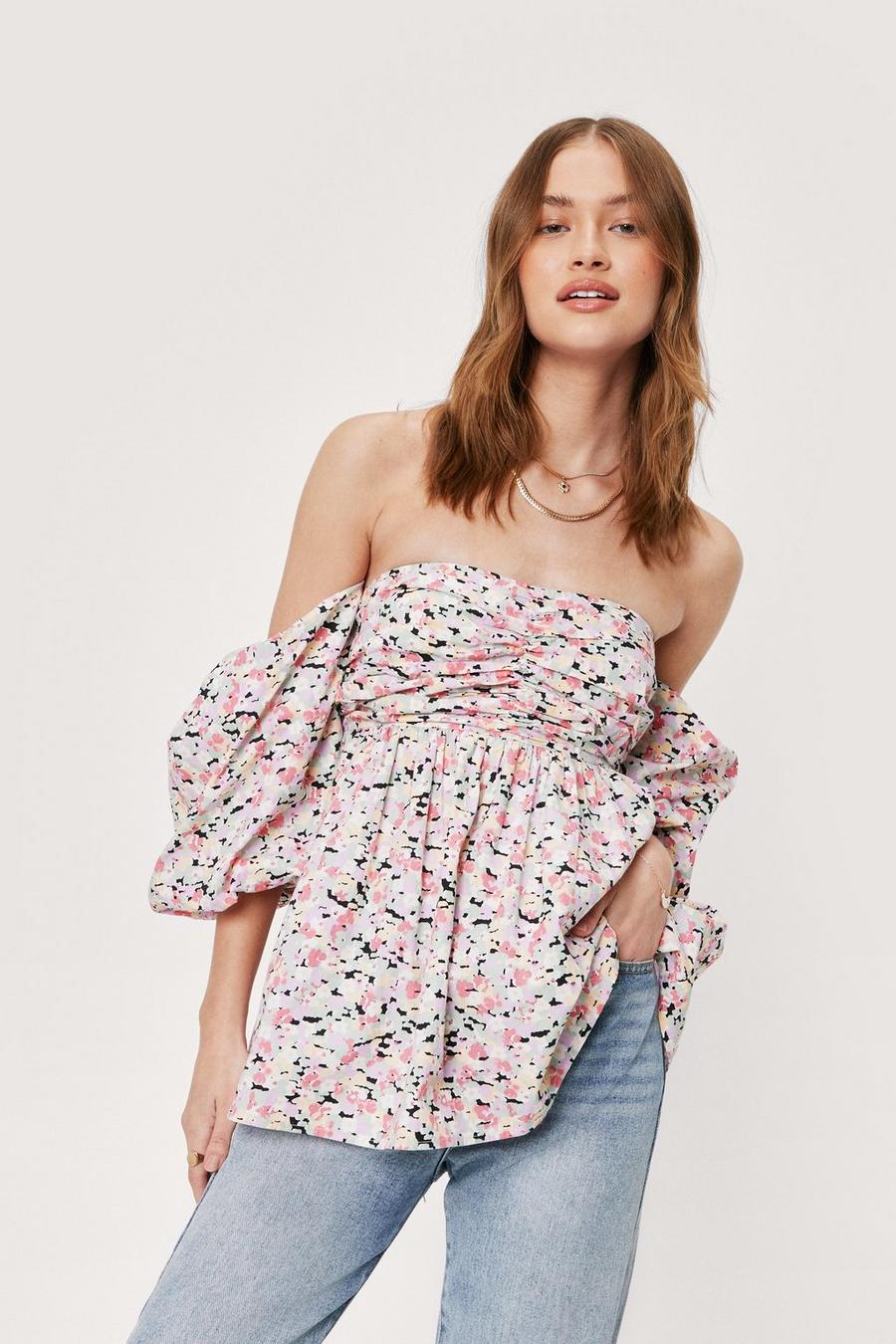 Puff Sleeve Floral Print Off the Shoulder Top