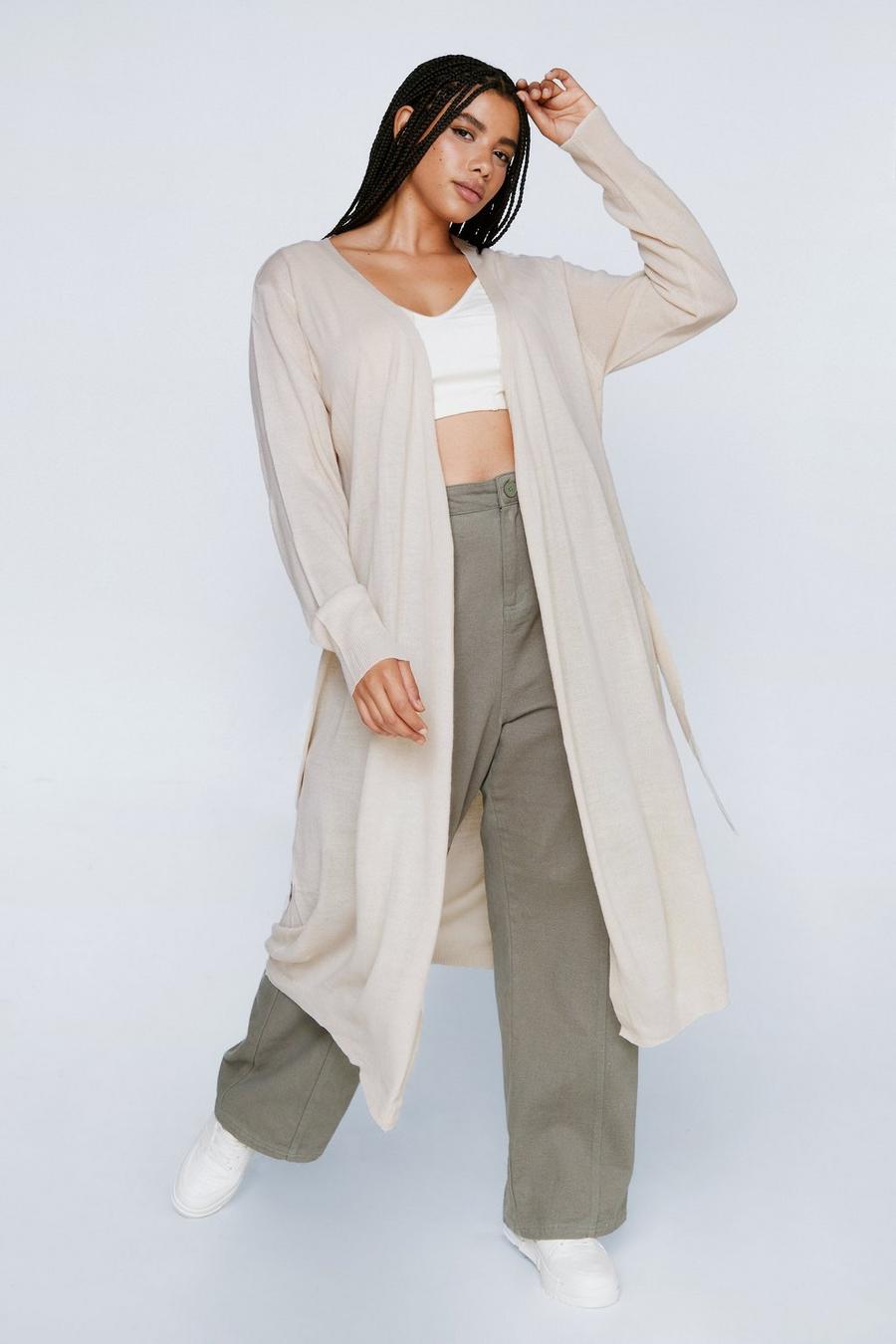 Plus Size Belted Knitted Longline Cardigan