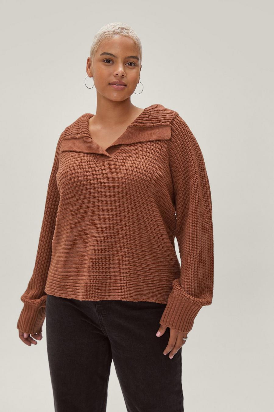 Plus Size Oversized Knitted Collared Sweatshirt