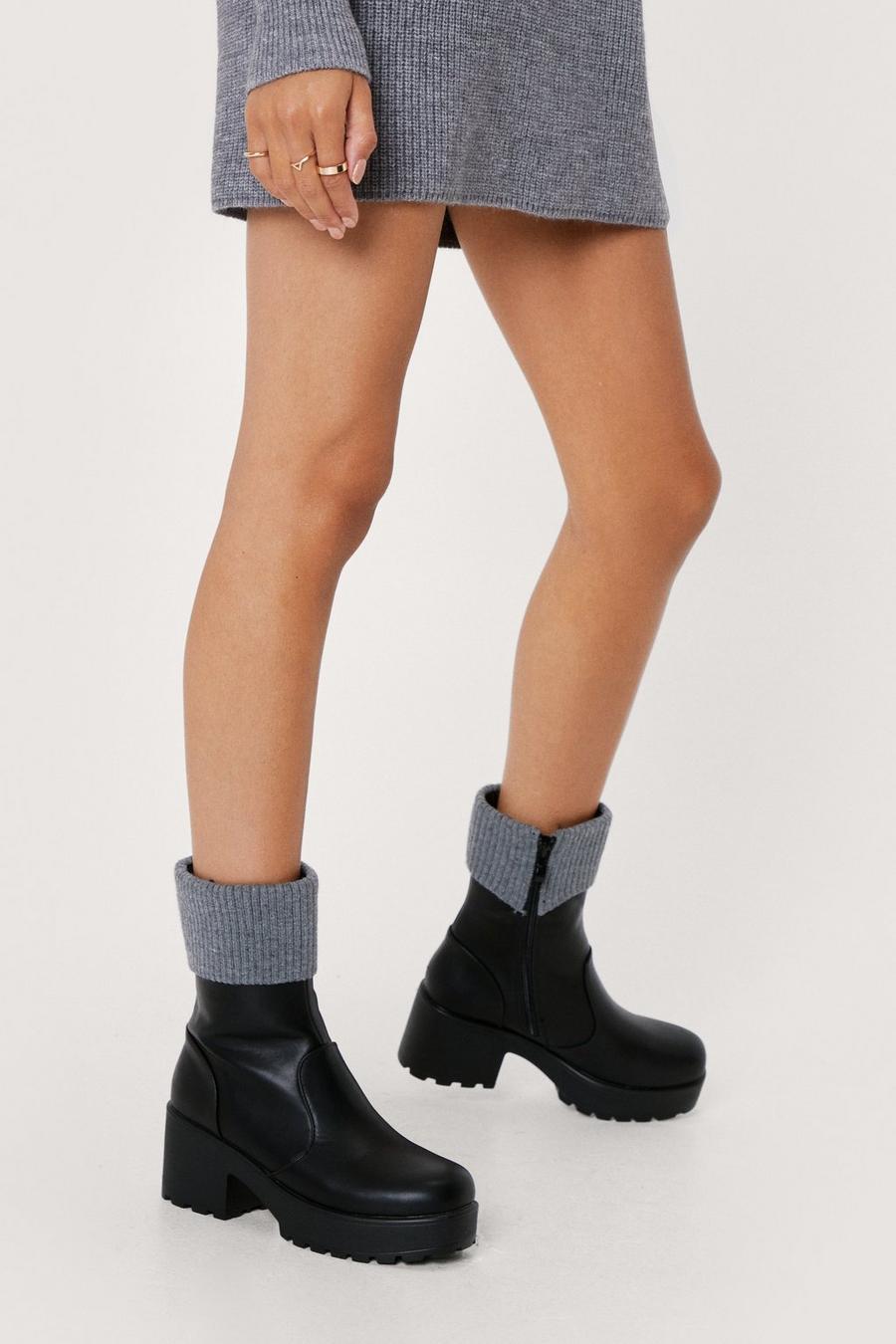 Faux Leather Knit Top Chunky Block Heel Ankle Boots