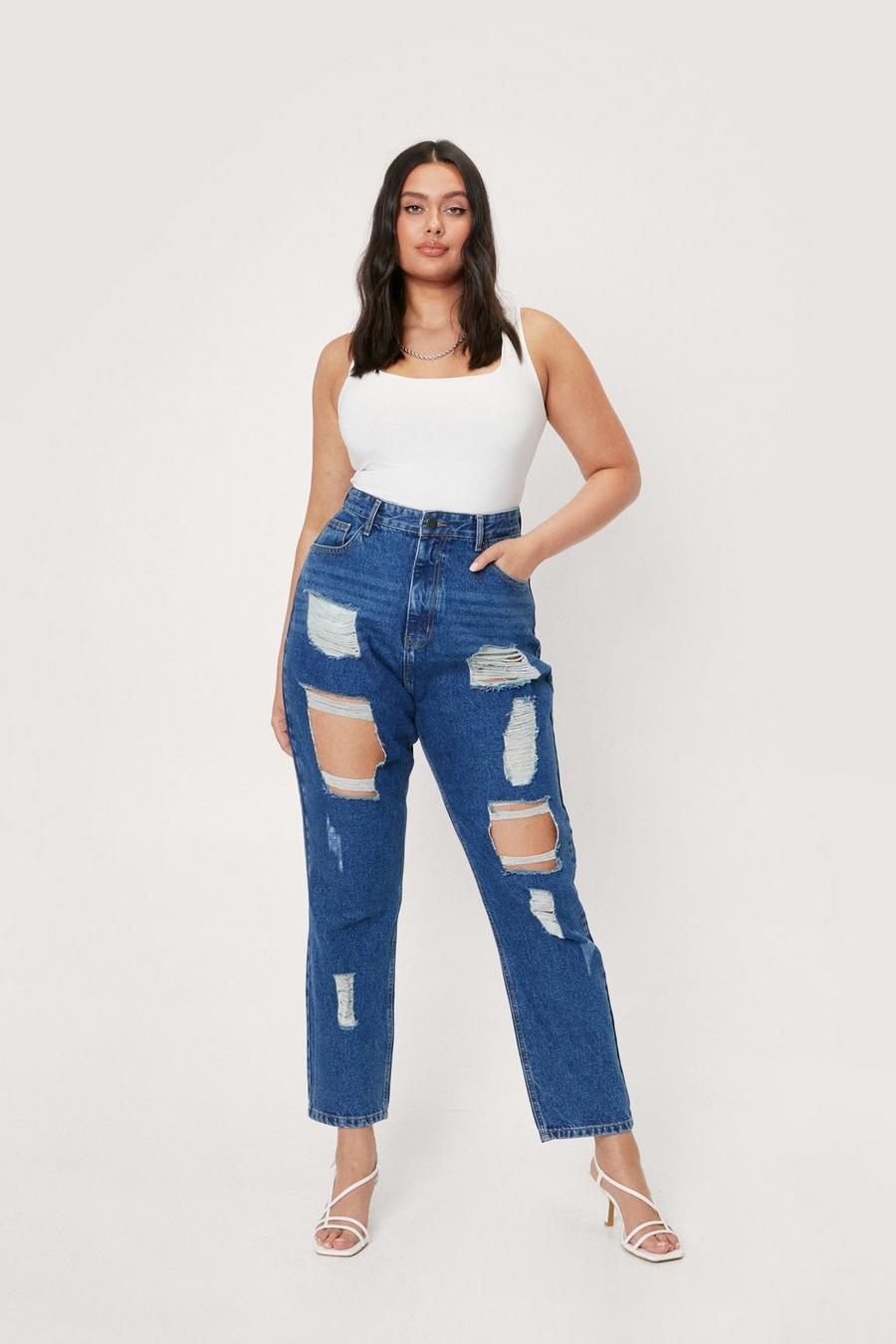 Plus Size Organic Denim Distressed Mom Jeans