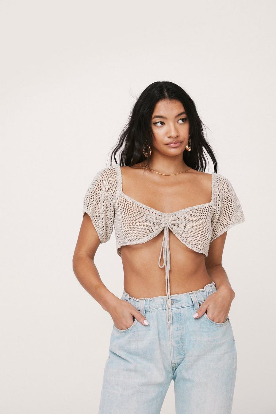 Crochet Puff Sleeve Cropped Beach Cover Up Top