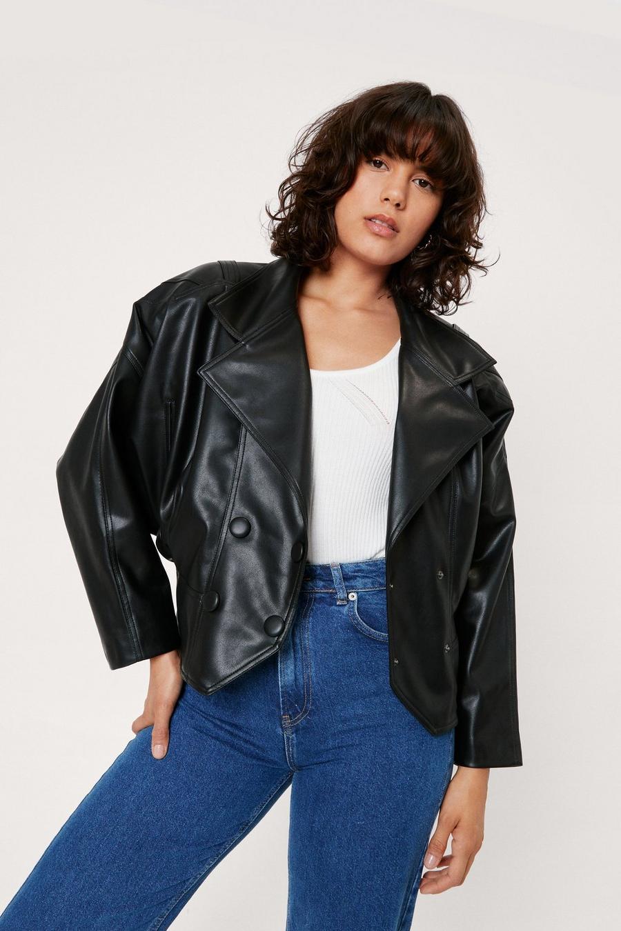 Double Breasted Faux Leather Long Sleeve Jacket