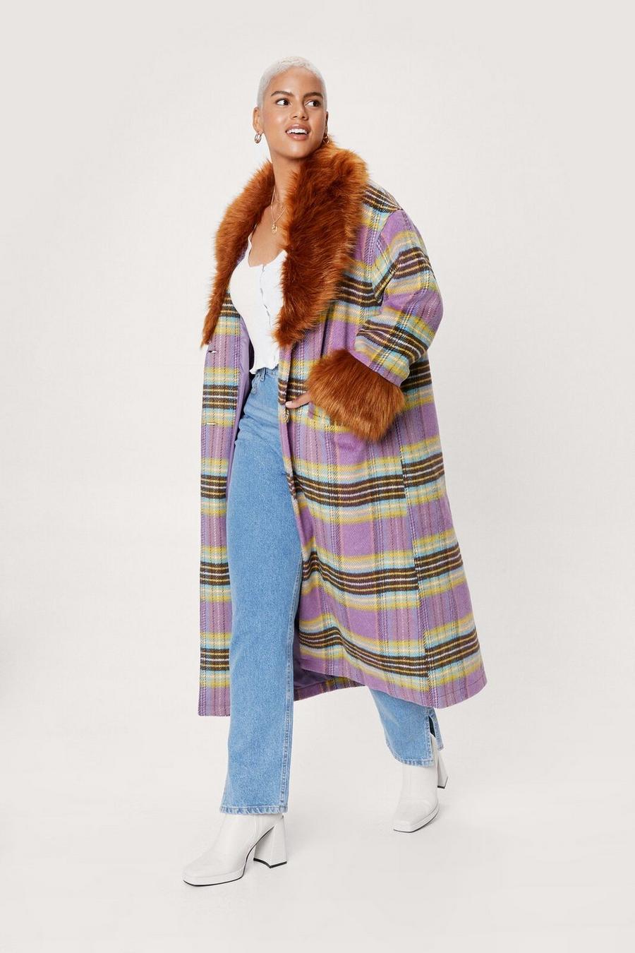 Plus Size Fur Trim Check Coat
