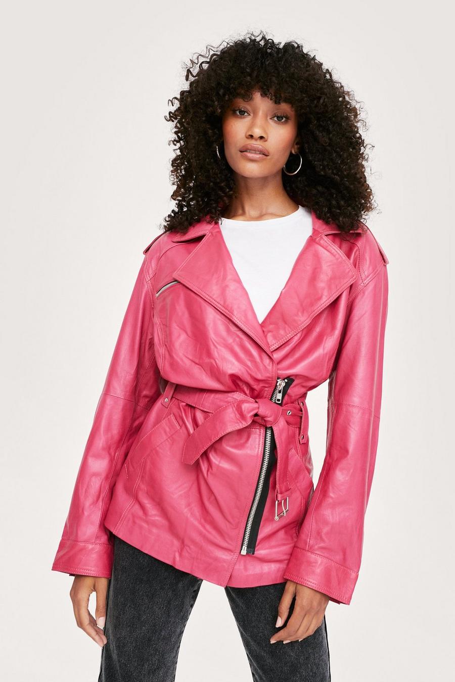 Real Leather Zip Detail Belted Jacket