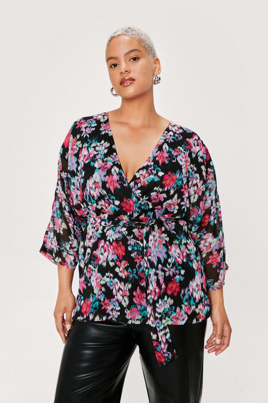Plus Size Dark Floral Belted Wrap Top