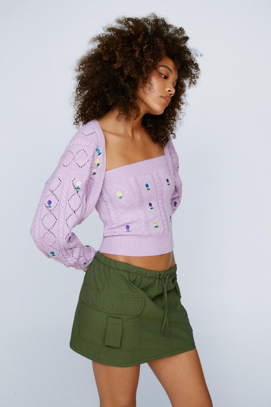 Embroidered Floral Knit Cardigan and Crop Top Set