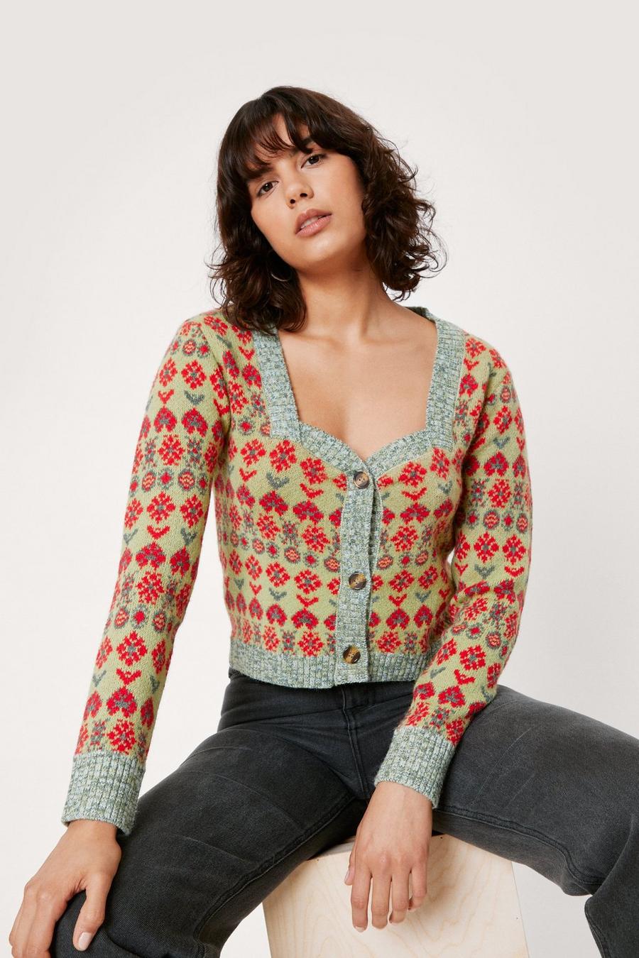 Floral Pattern Button Cropped Cardigan