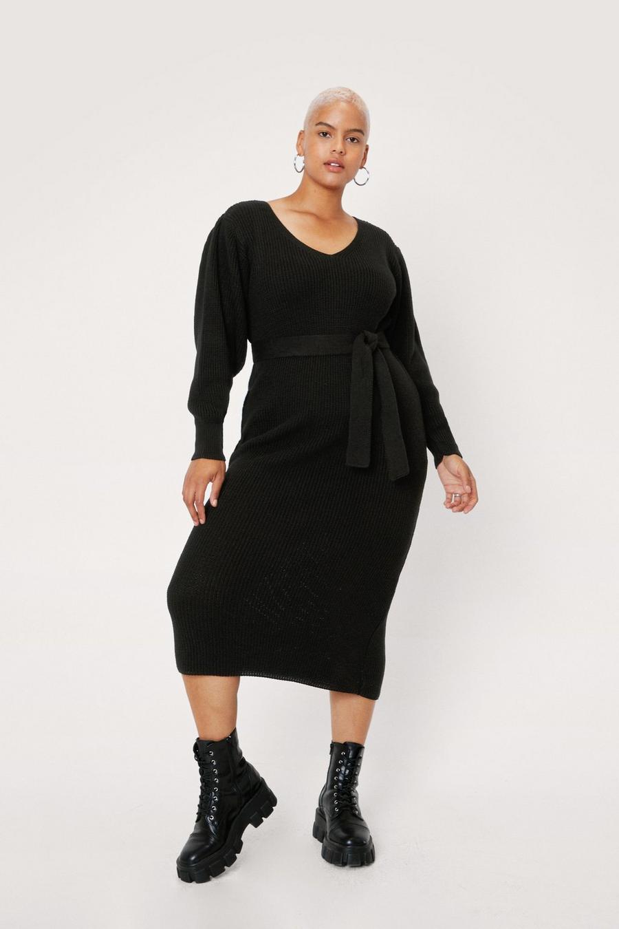 Plus Size Belted Knitted Midi Dress