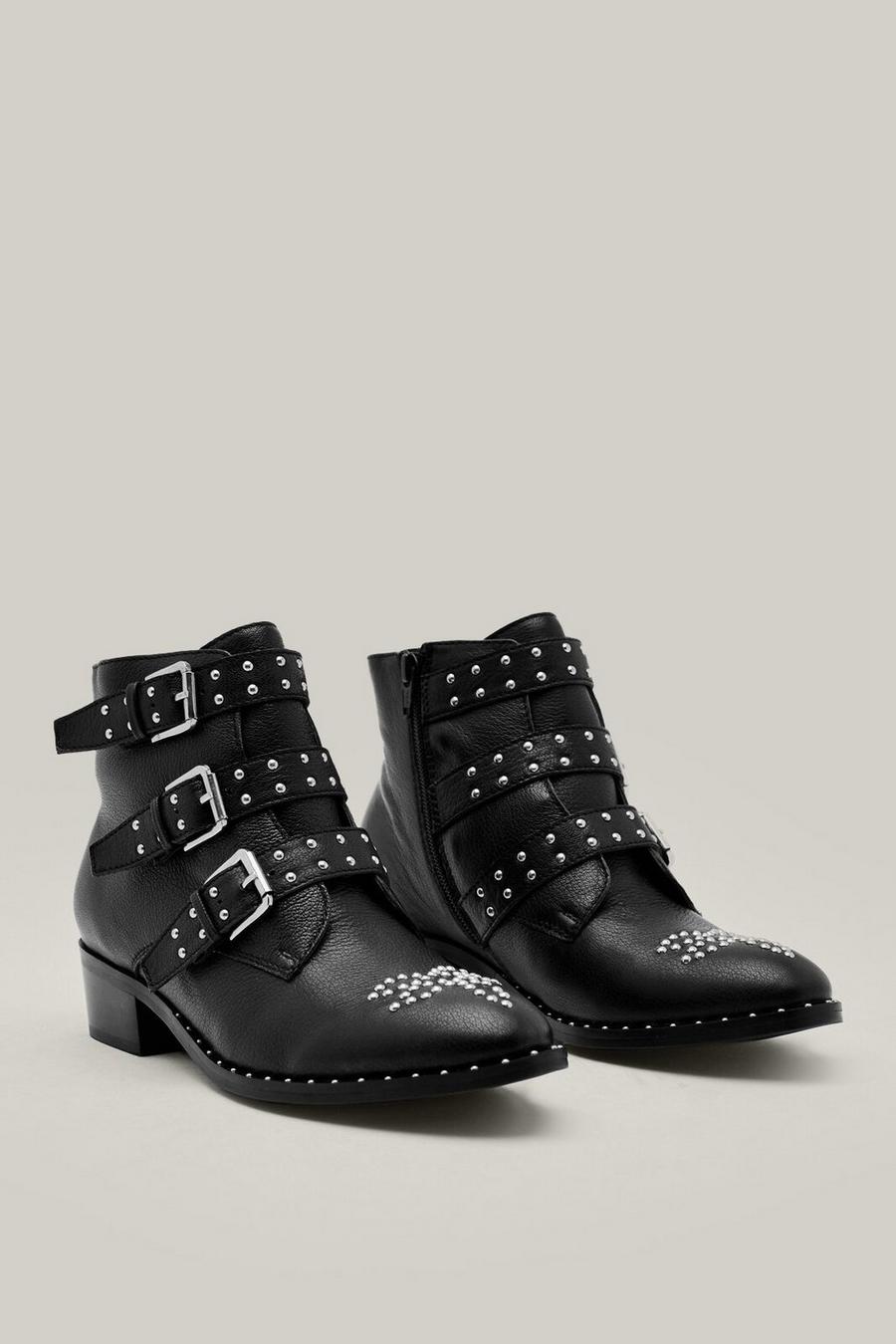 Real Leather Pin Stud Triple Buckle Western Boots
