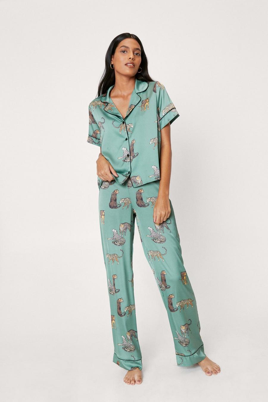 Satin Cheetah Button Pyjama Trouser Set