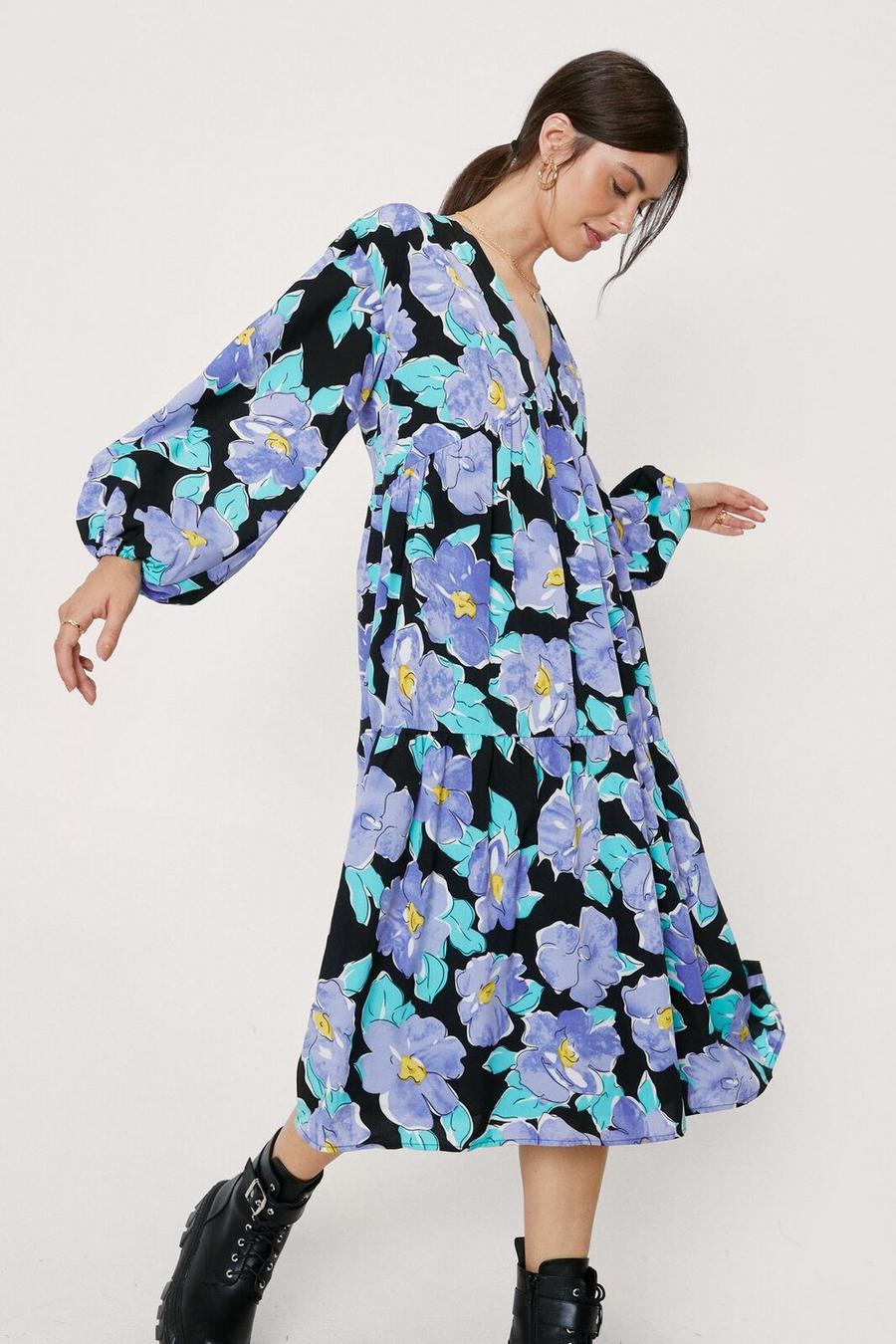 Floral Long Sleeve Tiered Midi Dress