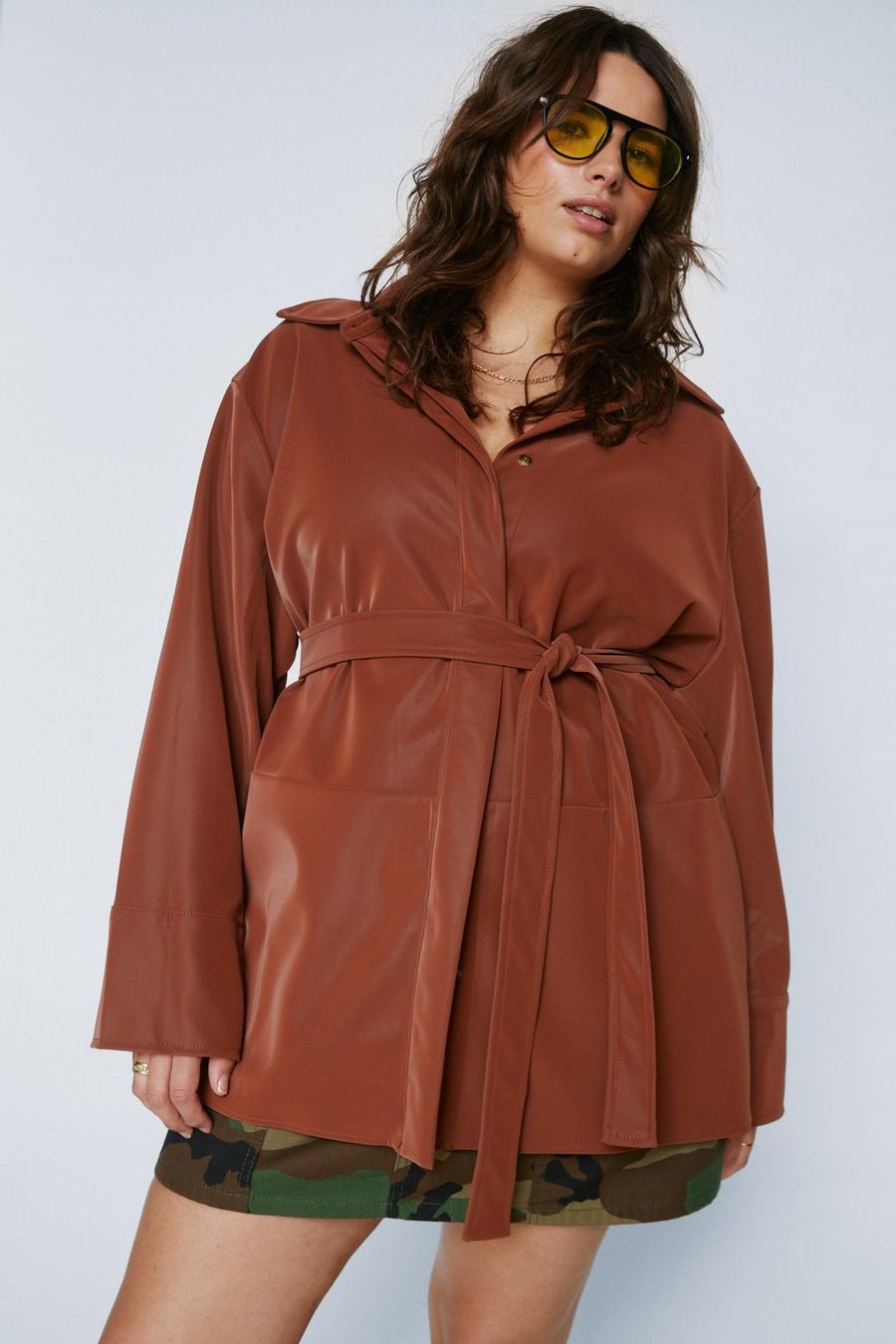 Plus Size Faux Leather Belted Jacket