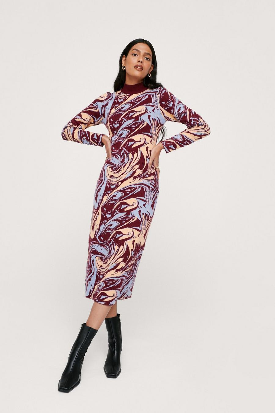 Marble Pattern Long Sleeve Knitted Midi Dress