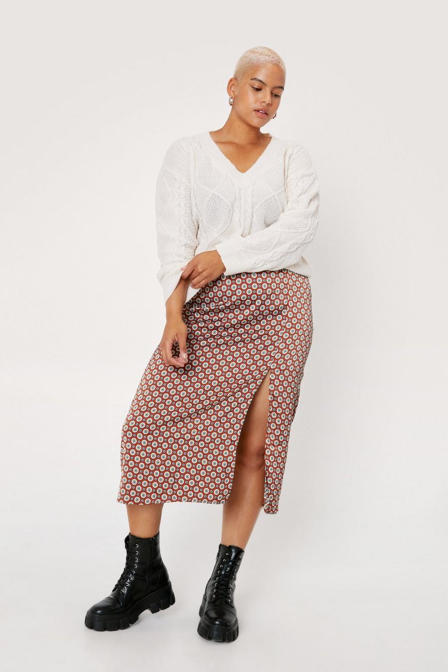 Plus Size Satin Chain Print Midi Skirt