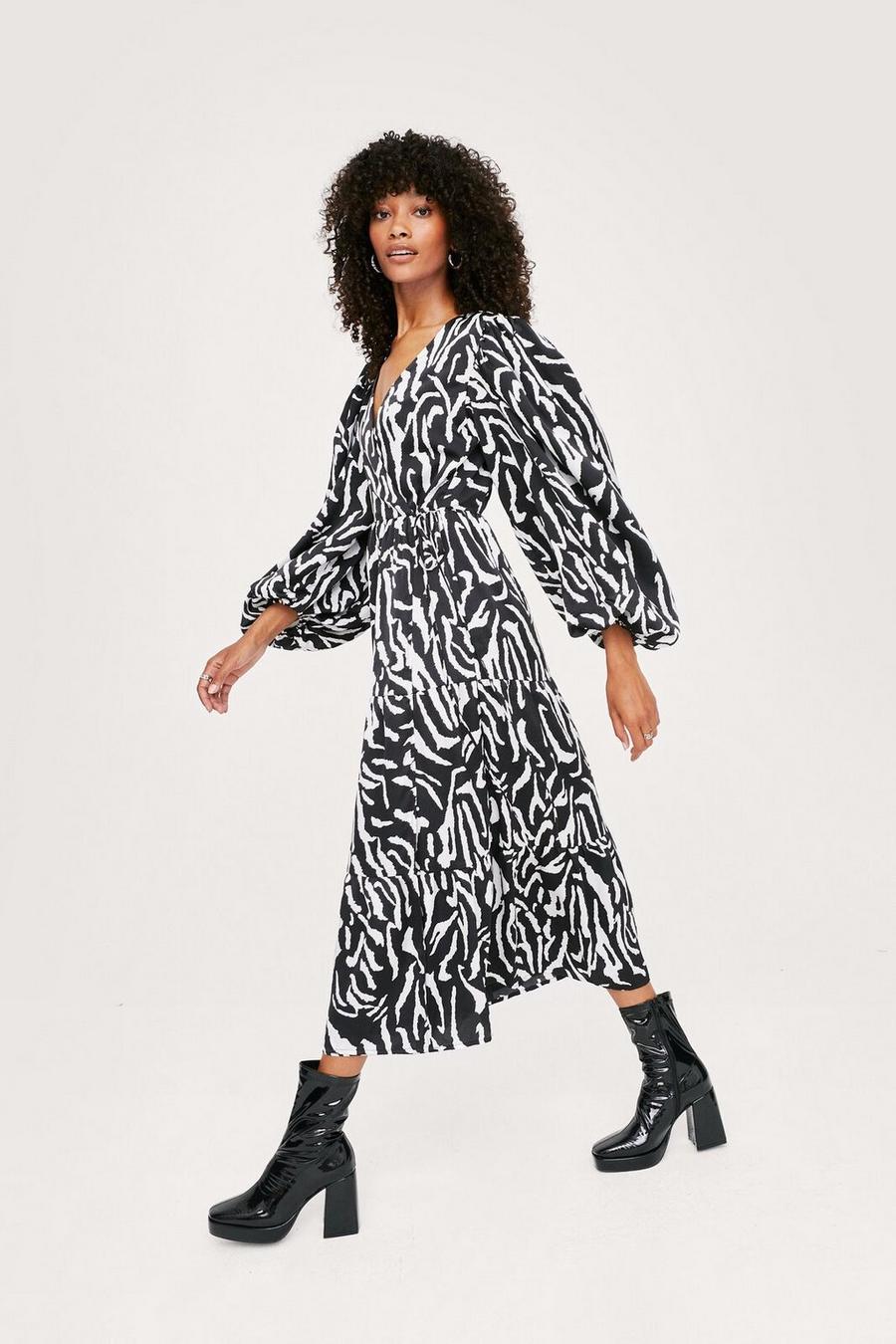 Zebra Print Long Sleeve Midi Wrap Dress