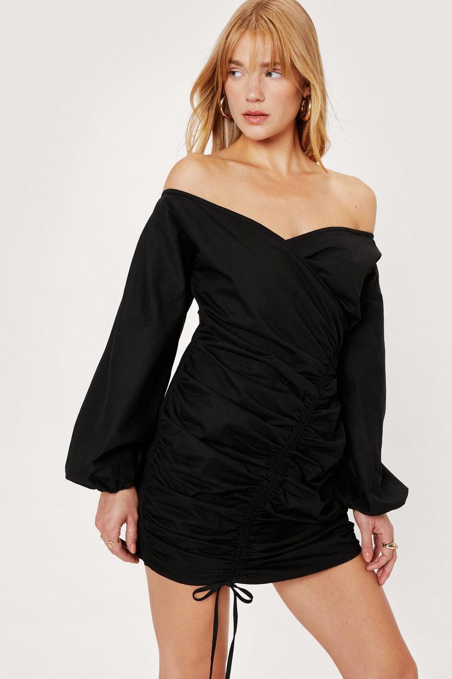 Petite Off the Shoulder Ruched Front Mini Dress