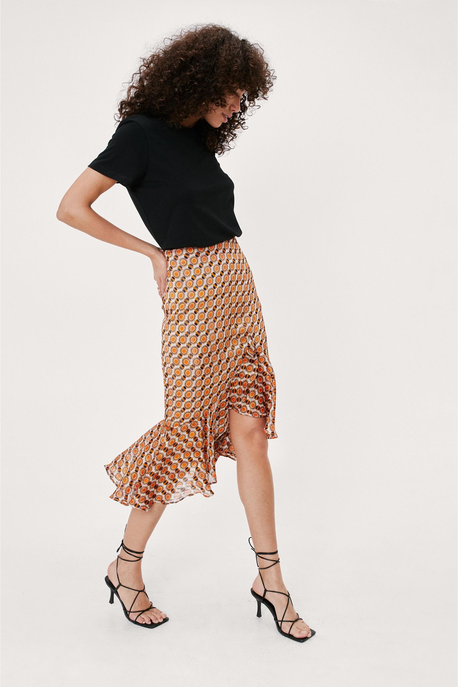 Retro Print Plisse Ruffle Midi Skirt