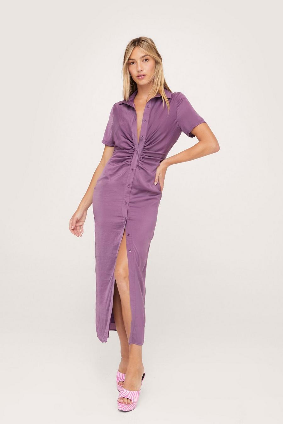 Short Sleeved Ruched Front Midi Shirt Dress