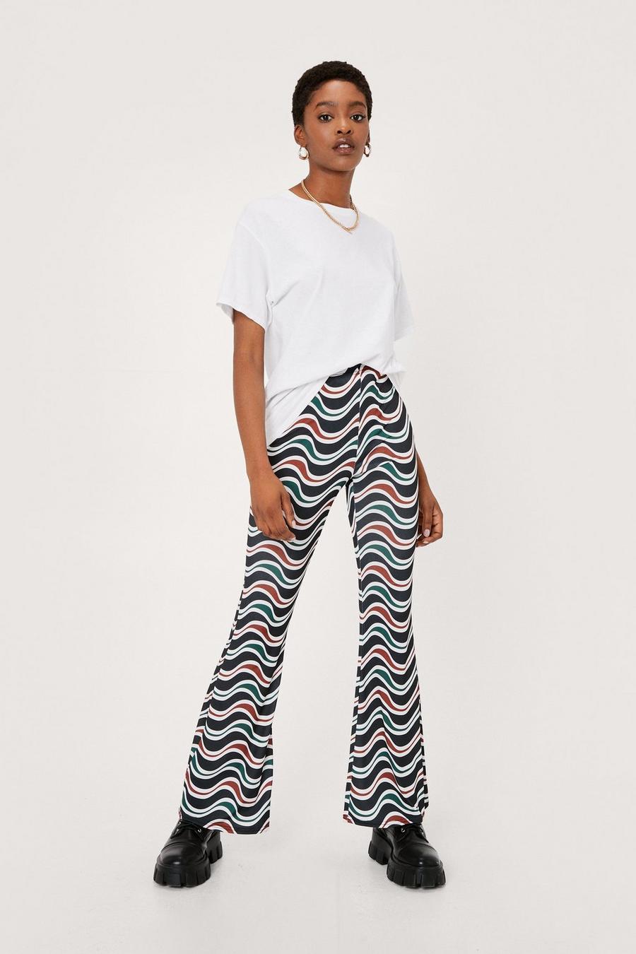 High Waisted Wave Print Flared Trousers