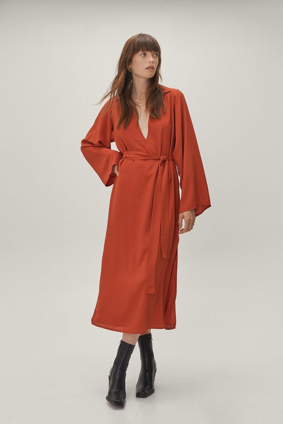 Collared Plunging Belted Midi Shirt Dress