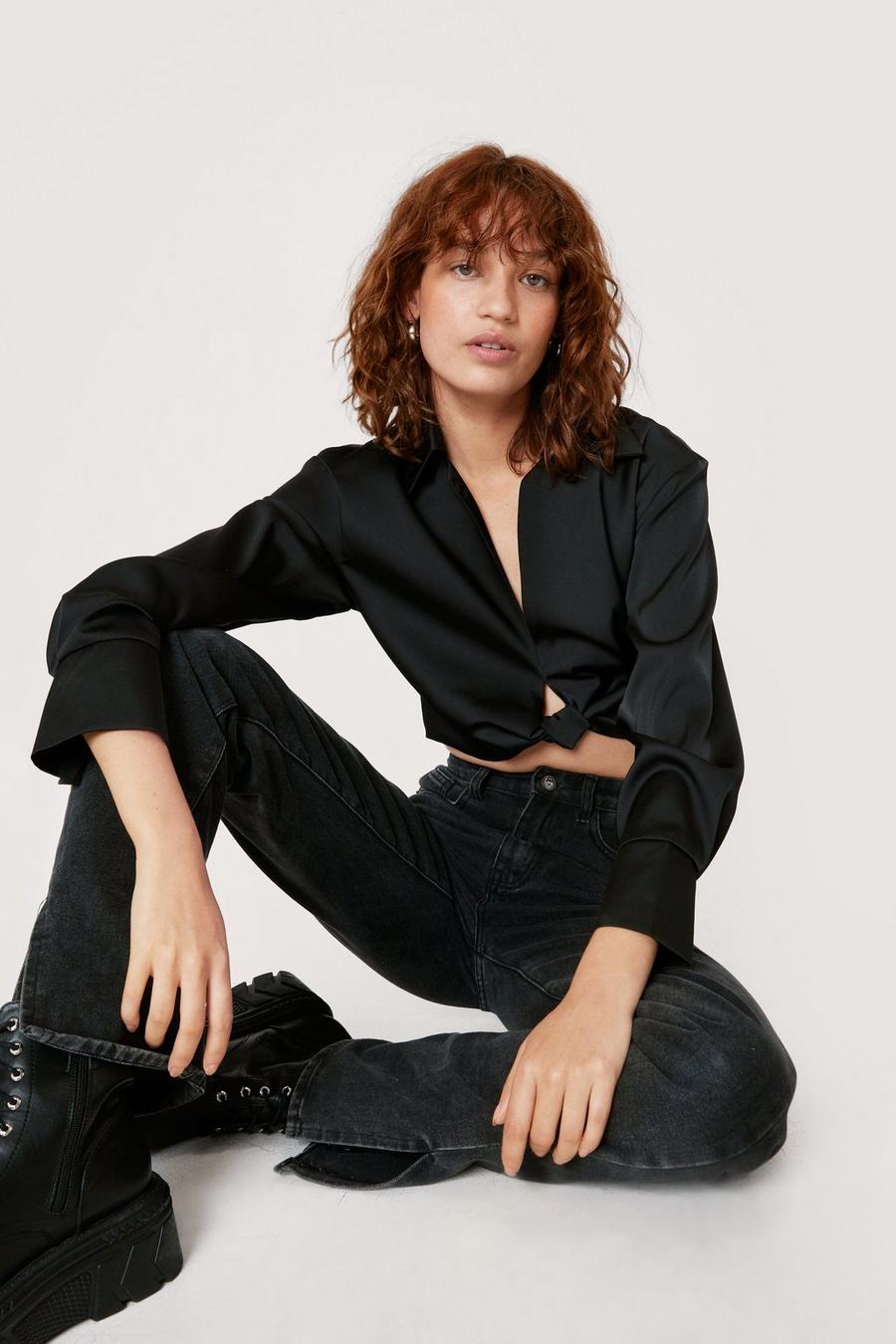 Satin Wrap Front Cropped Collared Shirt